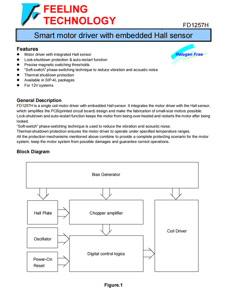 FD1257H SIP-4L 带嵌入式霍尔传感器的智能电机驱动器IC 12V系统