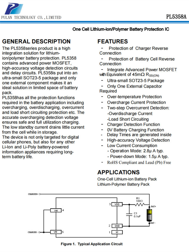 PL5358A SOT23-5 锂电池保护IC 外围仅一个电容