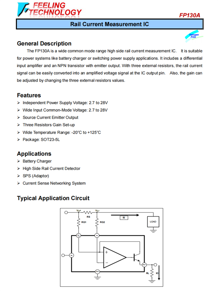 FP130A宽共模高侧轨电流测量IC，独立电源2.7-28V,SOT23-5L封装