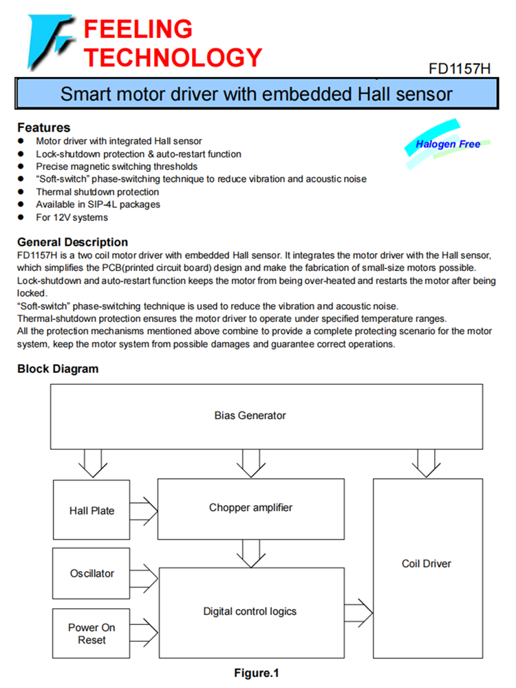 FD1157H SIP-4L 带有嵌入式霍尔传感器的智能电机驱动器IC