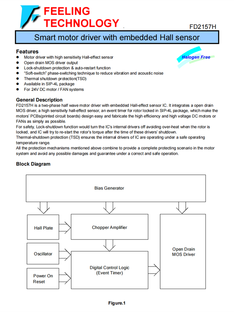 FD2157H SIP4L 带有嵌入式霍尔传感器的智能电机驱动器 风扇系统