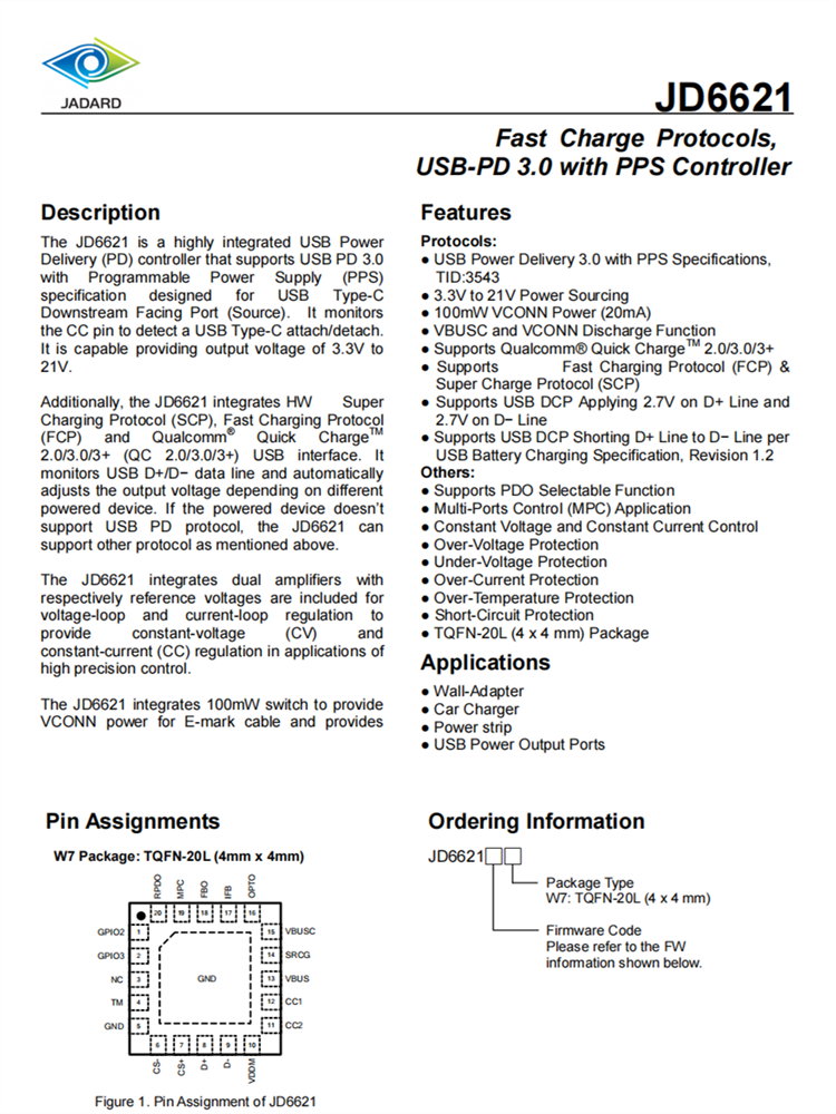 JD6621 快充协议芯片 USB-PD3.0与PPS控制器 TQFN-20L 原装现货