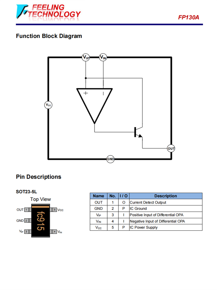 FP130A宽共模高侧轨电流测量IC，独立电源2.7-28V,SOT23-5L封装