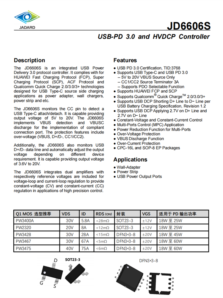 JD6606SP5 CPC16 USB电源传输3.0协议控制器IC 提供技术支持 已售 0