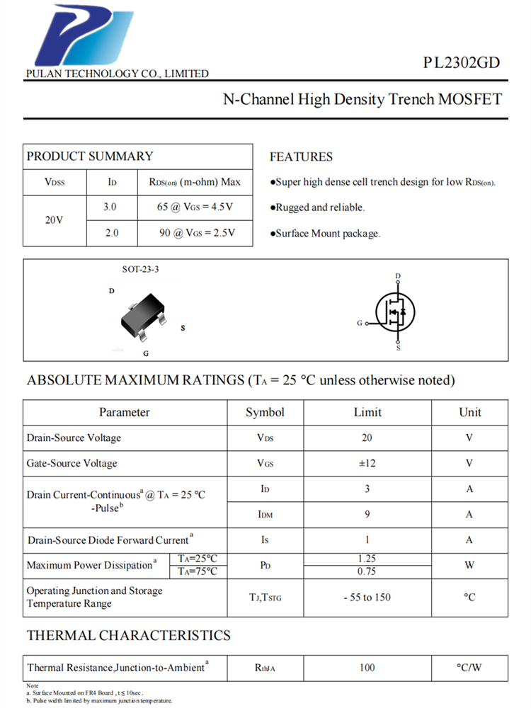 PL2302 SOT23-3 20V MOS管 N沟道MOSFET场效应管 全新原装现货