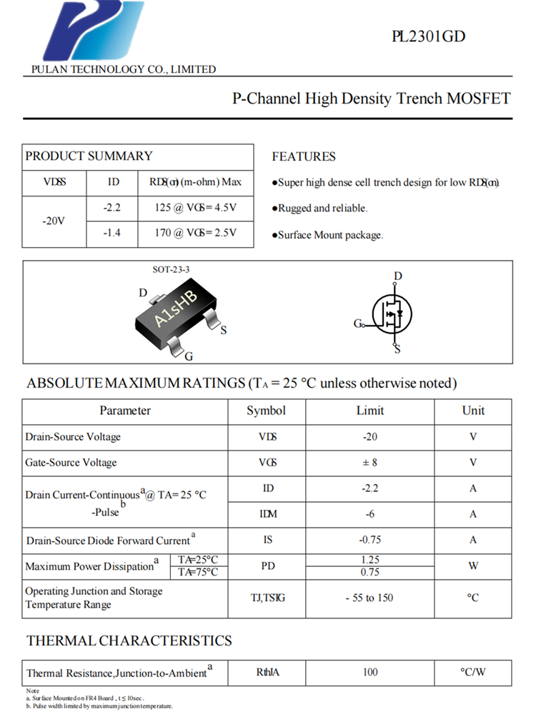 PL2301 SOT23-3 PMOS（-20V,-2.2A）MOS场效应管