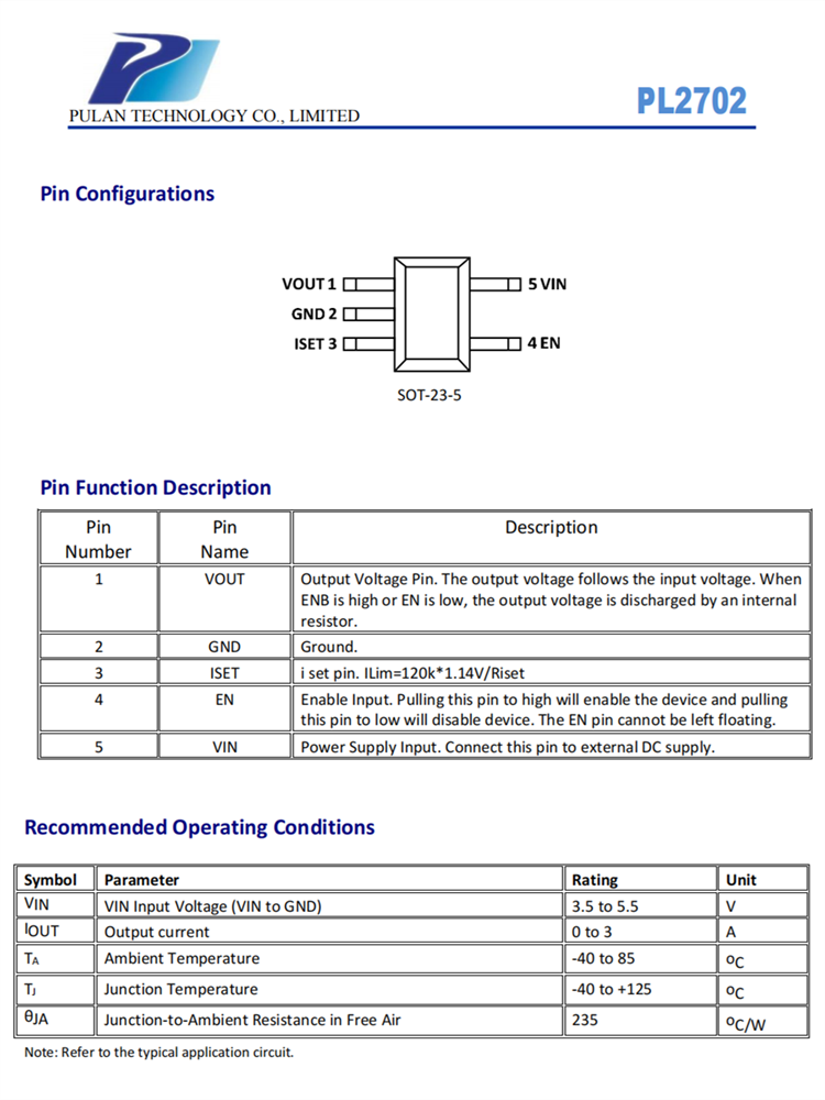 PL2702 SOT23-5 32mΩ N通道MOSFET电源开关 USB限流IC