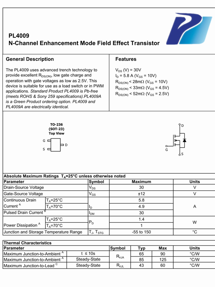 PL4009 SOT-23 30V（D-S）N通道MOSFET场效应管 全新现货