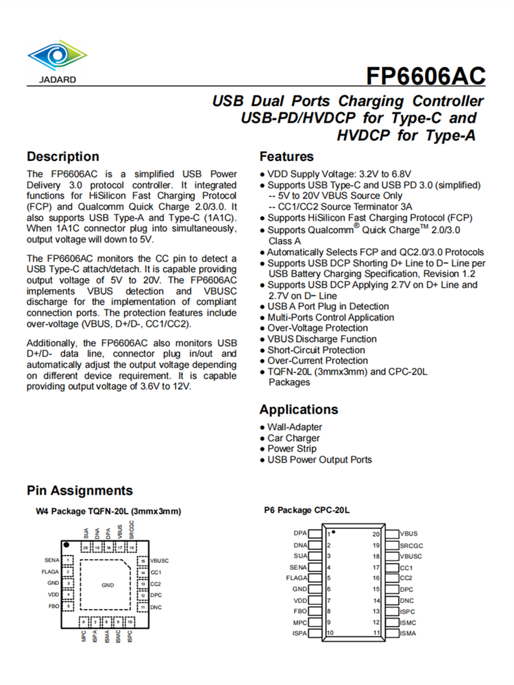 代理天钰 FP6606ACMP6 USB双端口充电控制器USB-PD/HVDCP用于C型，HVDCP用于A型