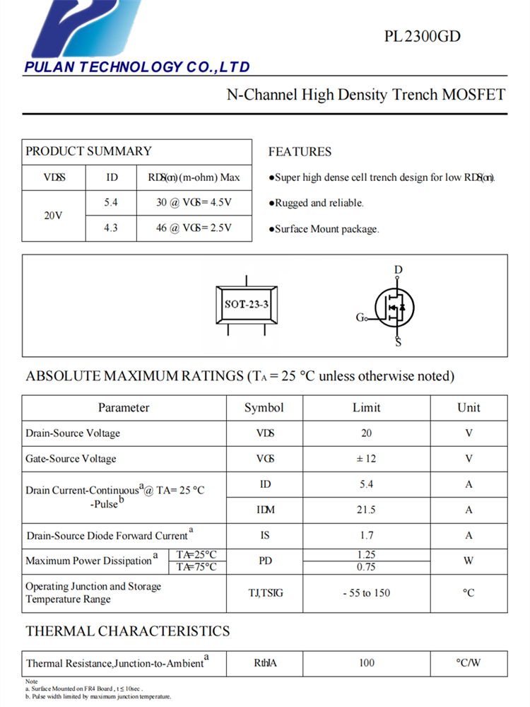 PL2300 SOT23-3封装 20V 贴片MOS管 N沟道MOSFET场效应管 代理商