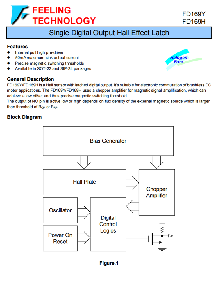 FD169Y/H 单数字输出霍尔效应锁存器 无刷直流电机的电子换向应用