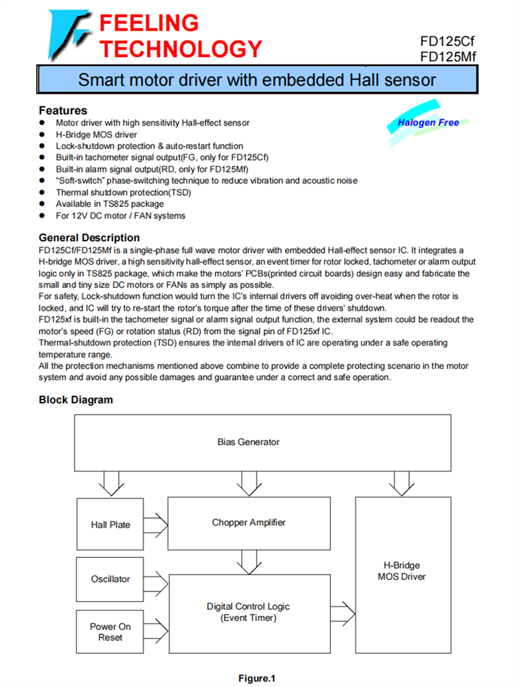 FD125CF/FD125MF 带有嵌入式霍尔传感器的智能电机驱动器芯片