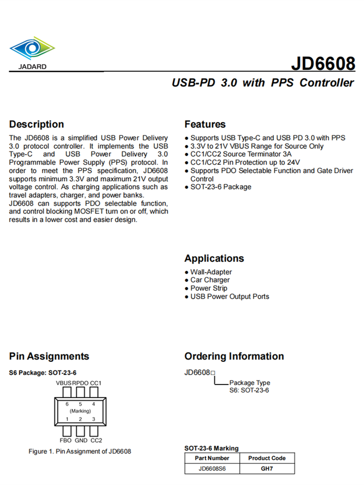 JD6608 封装SOT23-6 USB-PD3.0带PPS控制器 百盛电子代理商 现货