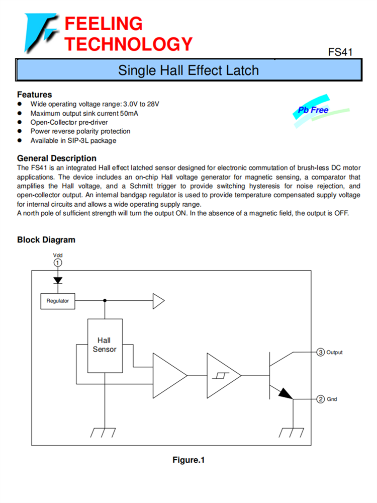 FS41G1 SIP-3L 28V 单霍尔效应锁存器IC 无刷直流电机应用 