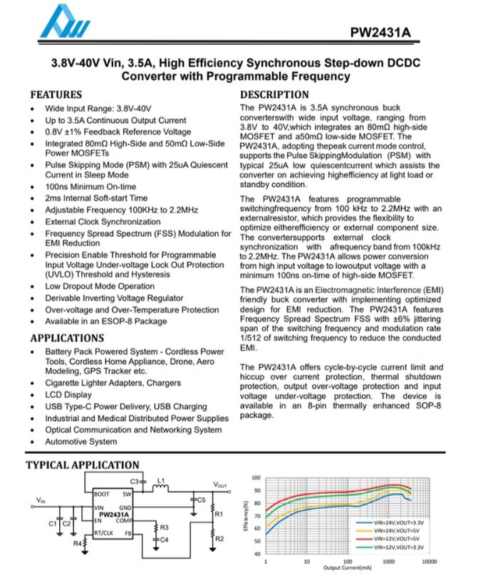 PW2431A  ESOP8封装 40V输入 3.5A输出 DC-DC同步降压转换器芯片
