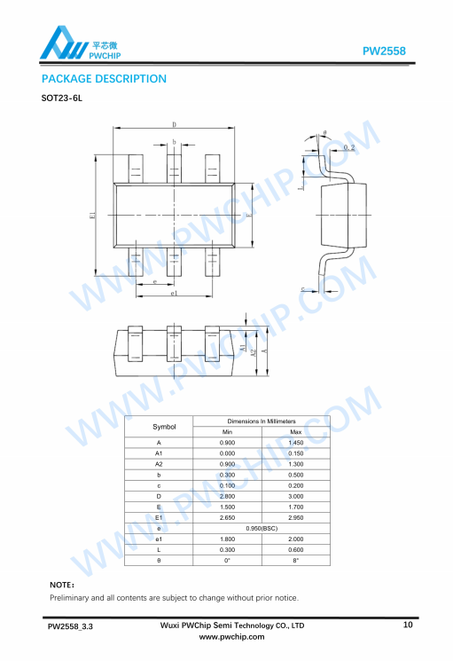 PW2558 SOT23-6封装 55V输入 0.8A输出 异步降压DC-DC转换器芯片