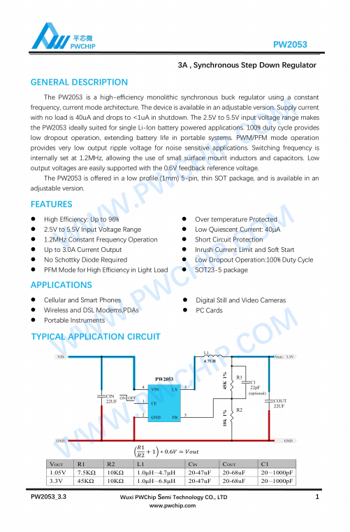 PW2053 SOT23-5封装 3A输出 DC-DC同步降压型转换器IC 96%高效率