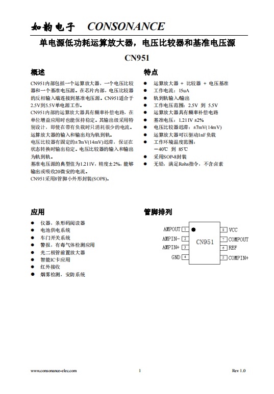 CN951 单电源低功耗运算放大器，电压比较器和基准电压源