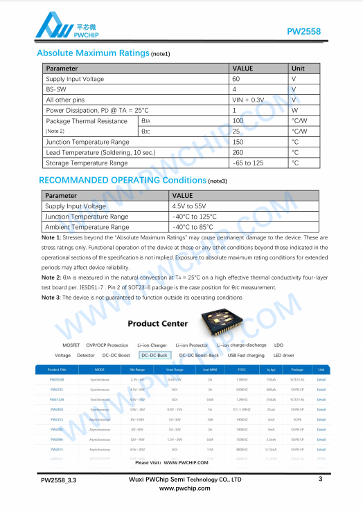 PW2558 SOT23-6封装 55V输入 0.8A输出 异步降压DC-DC转换器芯片