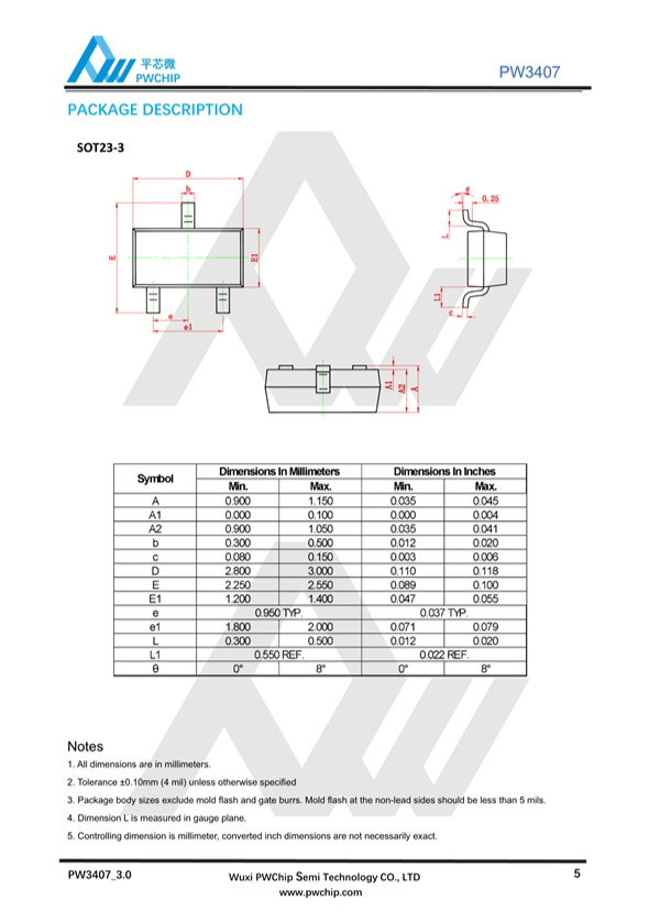 PW3407 SOT23-3L封装 30V 4.2A P沟道增强模式MOSFET场效应管