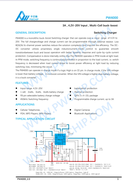 PW4000 QFN4X4-15L封装 20V输入 3A输出多节降压升压开关充电器IC