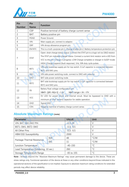 PW4000 QFN4X4-15L封装 20V输入 3A输出多节降压升压开关充电器IC