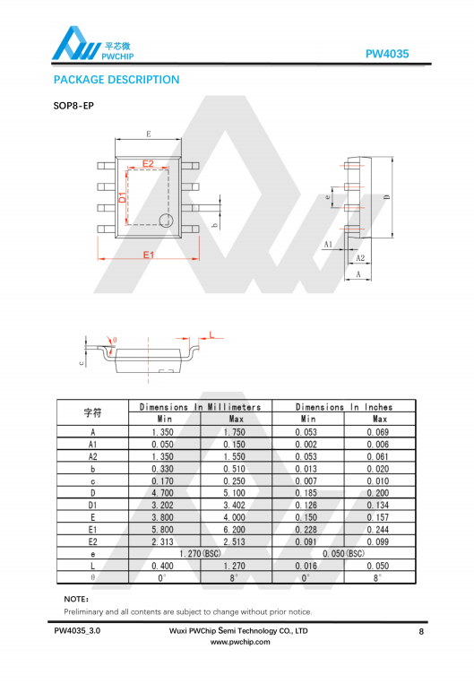 PW4035 SOP8-EP封装 720KHZ 3.5A 同步开关模式锂离子电池充电器